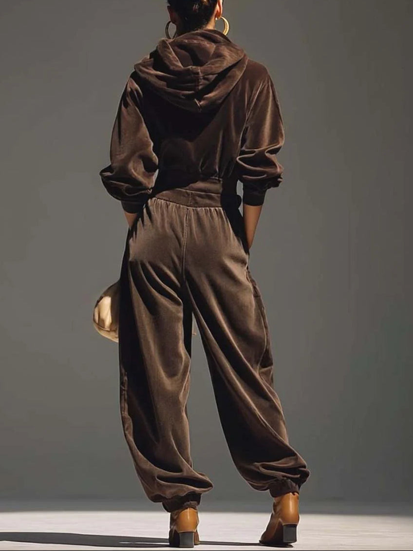 Lucy | Vintage Brown Velvet Hoodie and Relaxed Trousers Set
