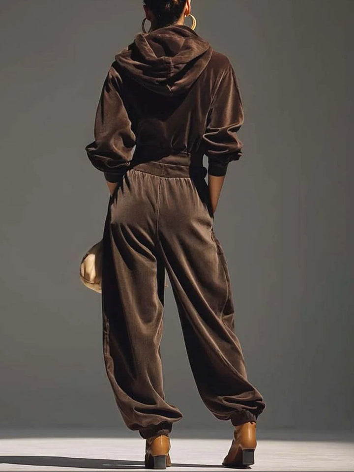 Lucy | Vintage Brown Velvet Hoodie and Relaxed Trousers Set