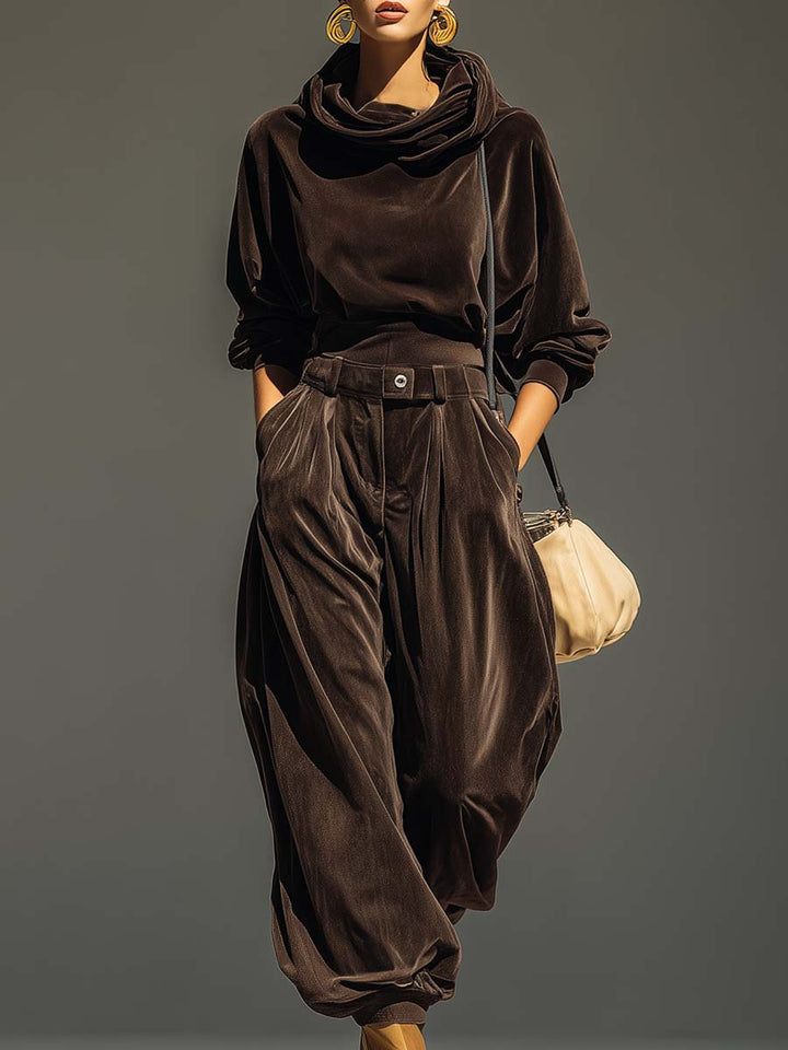Lucy | Vintage Brown Velvet Hoodie and Relaxed Trousers Set